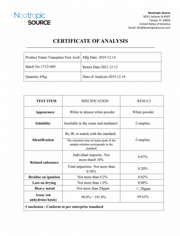 certificate of analysis tianeptine caid